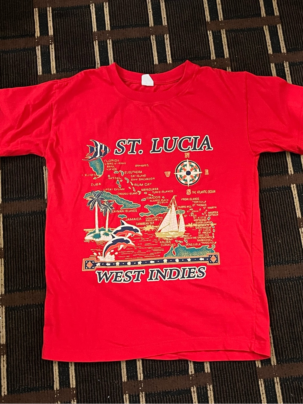 Vintage Women’s St Lucia West Indies Red Tshirt Small S M Sports 100% Cotton 796